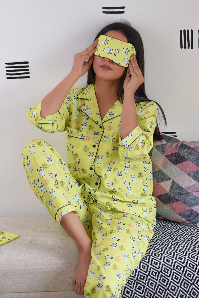 Load image into Gallery viewer, NOT A MORNING PANDA - NOTCHED COLLAR - TWINNING PAJAMA SET
