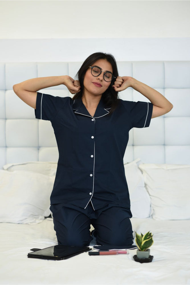 Load image into Gallery viewer, NAVY BLUE COTTON NOTCHED COLLAR