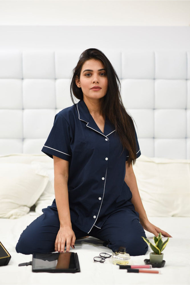 Load image into Gallery viewer, NAVY BLUE COTTON NOTCHED COLLAR