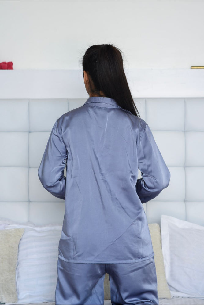 Load image into Gallery viewer, Dusky Blue Notched Collar Satin